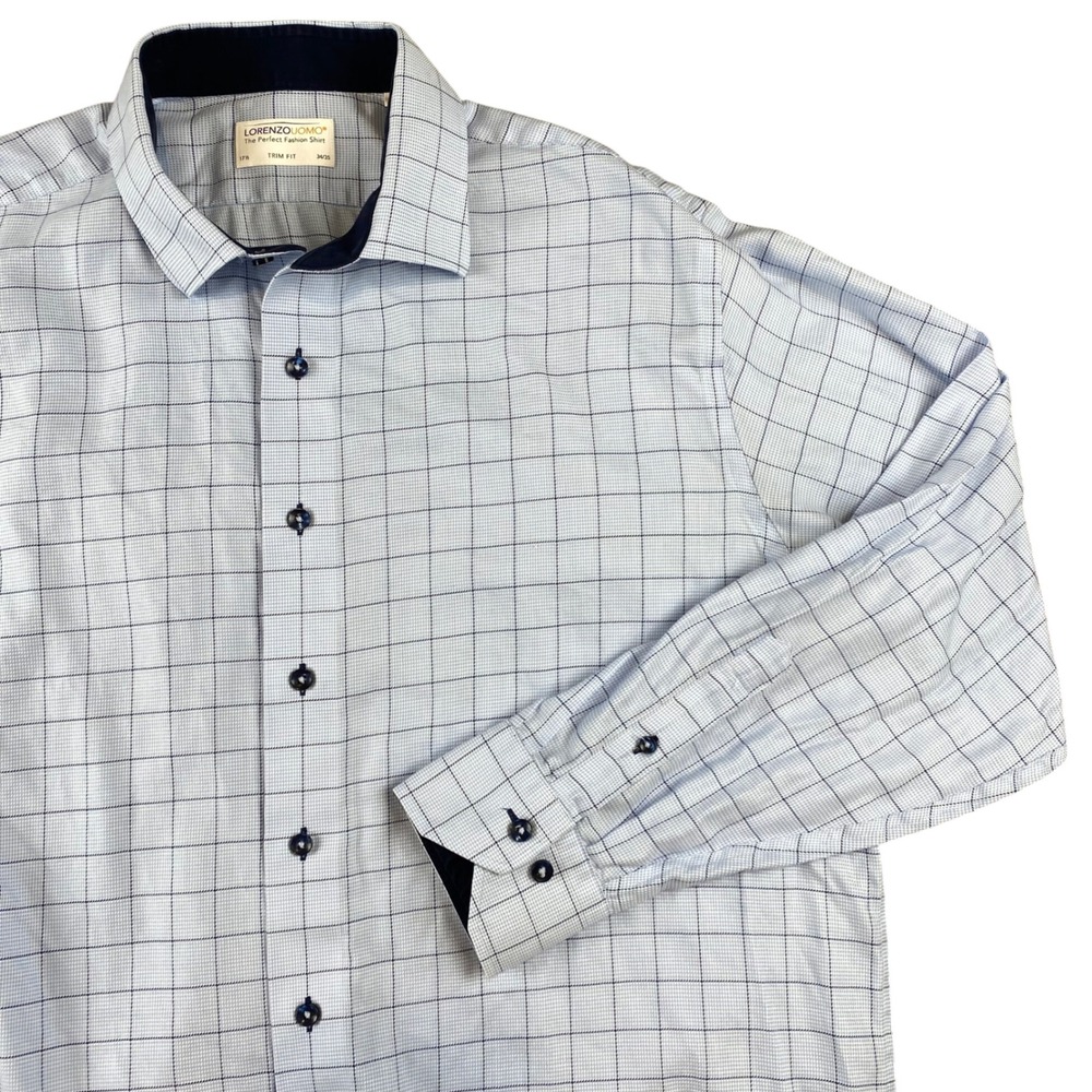 Lorenzo Uomo Mens 17.5 34/35 Trim Fit Blue Windowpane Cotton Dress Shirt